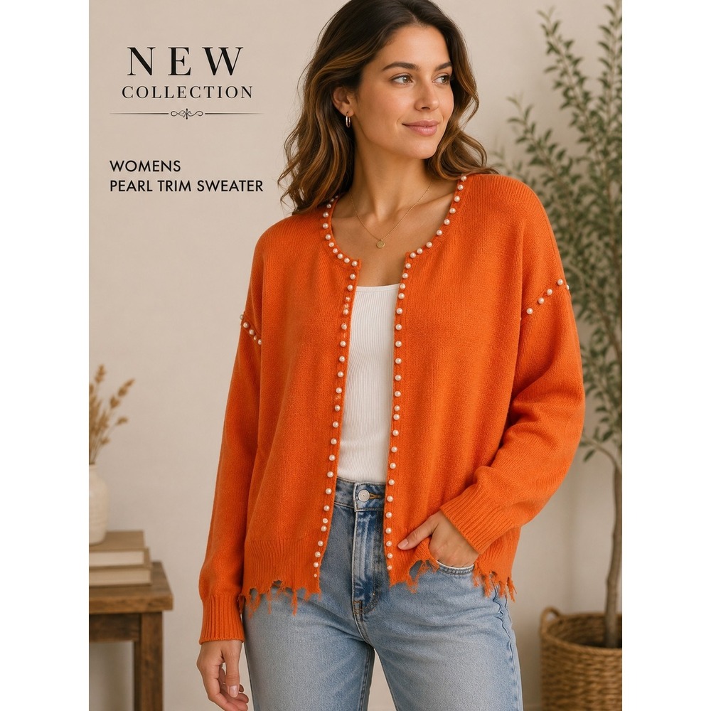 New Collection Orange Faux Pearl Trim Distressed Hem Open Front Sweater Size XL